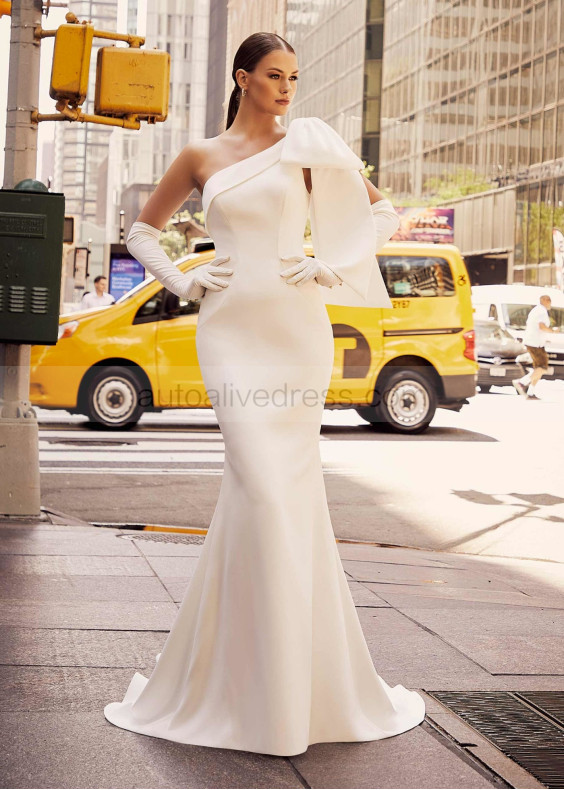 One Shoulder Ivory Satin Wedding Dress With Oversize Bow